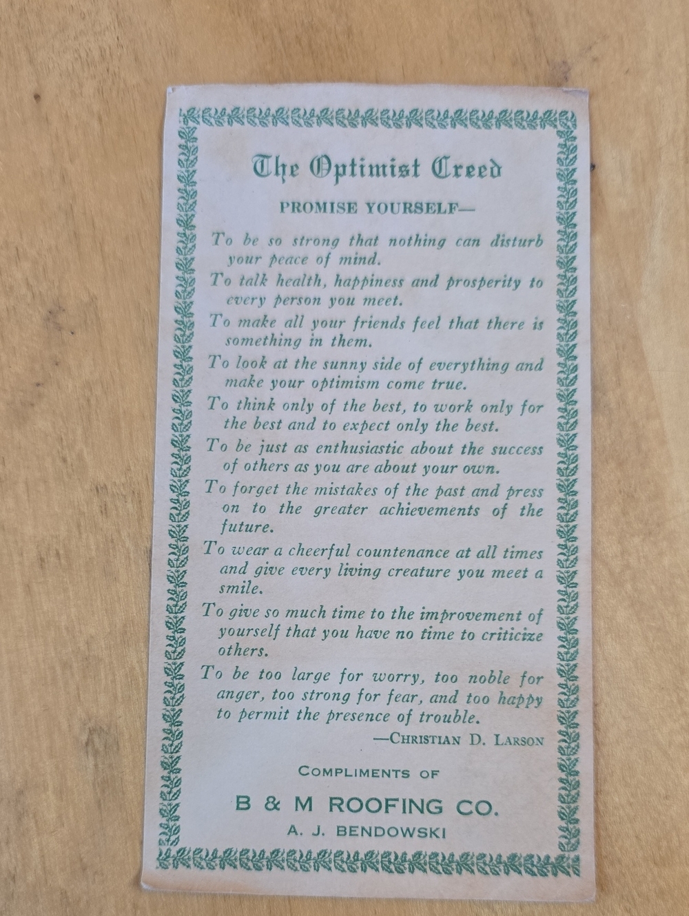 Vintage The Optimist Creed Print - Green